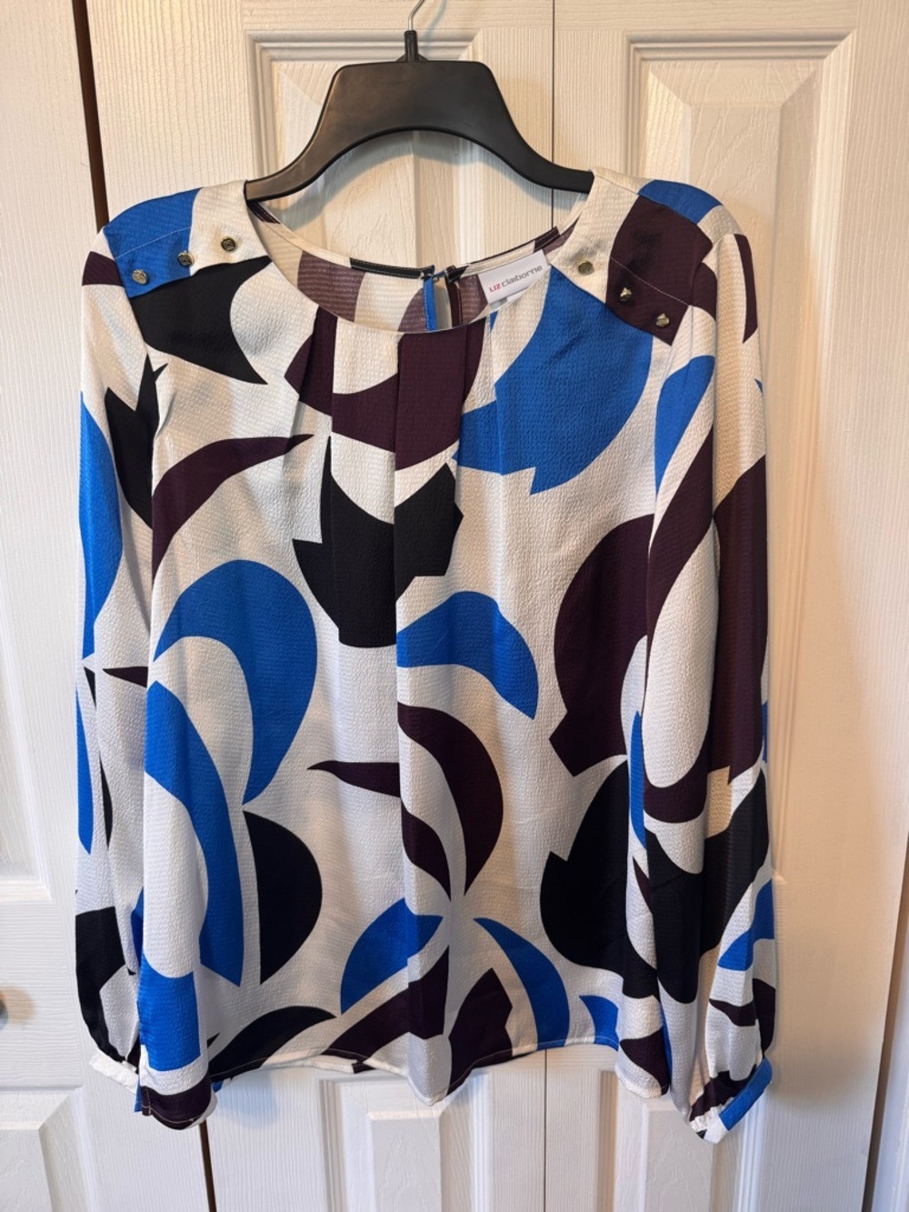 Liz Clairborne Women's Blue Black White Long Sleeve Blouse Sz Large lightweight - Picture 12 of 12